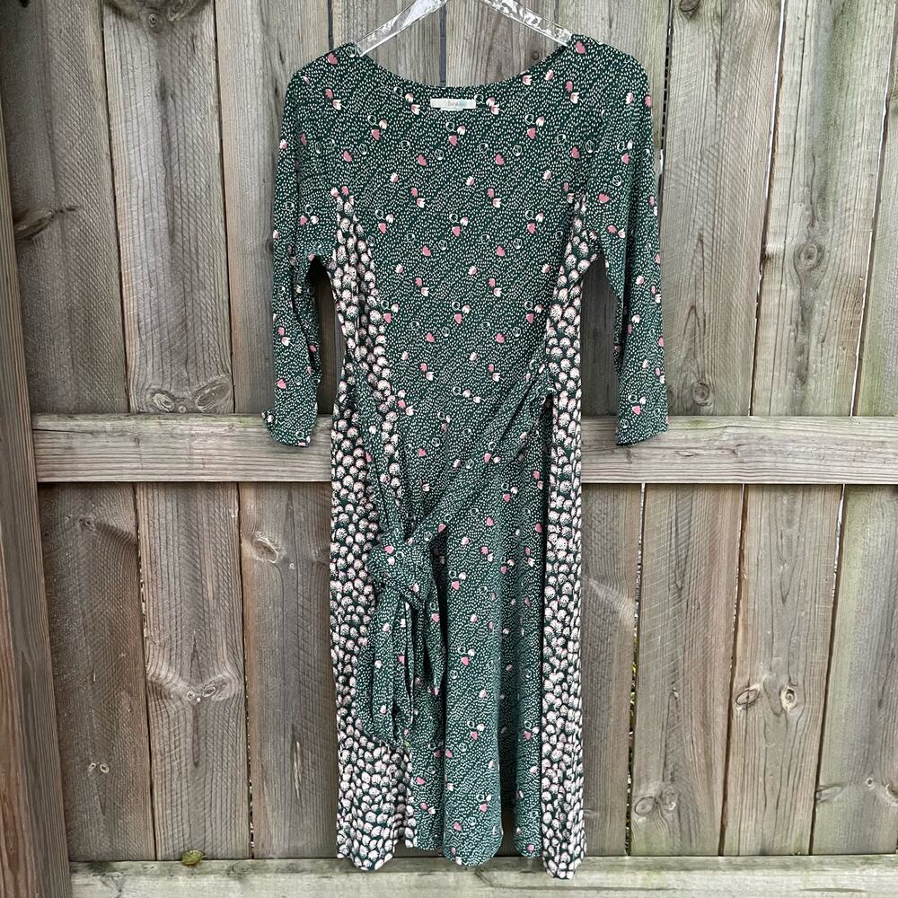 Boden Dress Midi Jersey Floral Mixed Print Artsy Stretch Green Long Sleeve US 10
